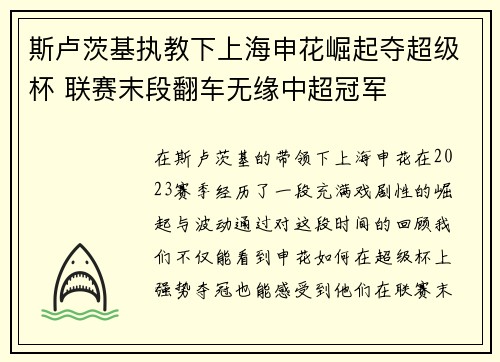 斯卢茨基执教下上海申花崛起夺超级杯 联赛末段翻车无缘中超冠军 斯卢茨基执教下上海申花崛起夺超级杯 联赛末段翻车无缘中超冠军