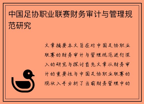 中国足协职业联赛财务审计与管理规范研究
